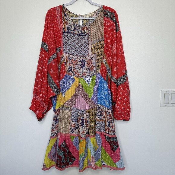 Let me Be Anthropologie Patchwork Tiered Babydoll Mini Dress 1X - Picture 3 of 14